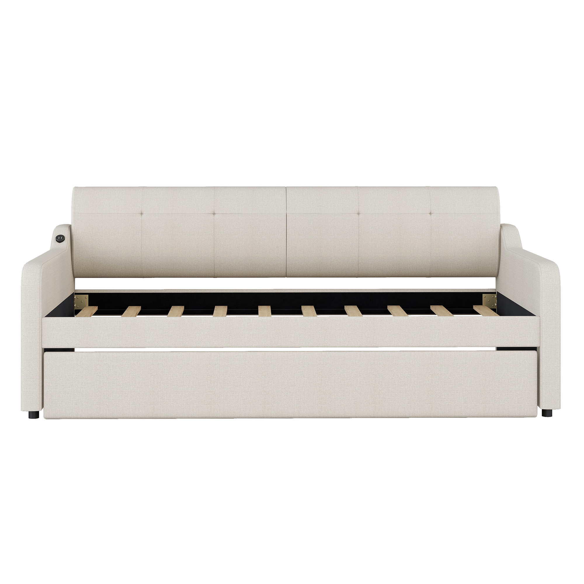 Twin Size Upholstery Daybed with Trundle and USB Charging Design Trundle can be flat or erected Beige - Image 8