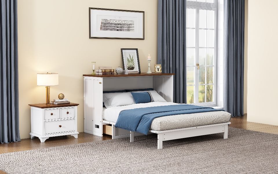 Solid Pine Murphy Bed Chest with Charging Station and Large Storage Drawer for Home Office or Small Room , Queen, White+Walnut - Image 13
