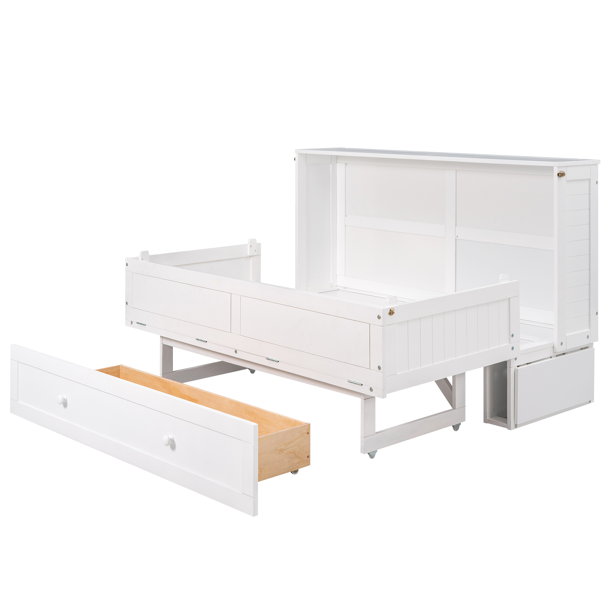 Queen Size Mobile Murphy Bed with Drawer and Little Shelves on Each Side White - Image 22