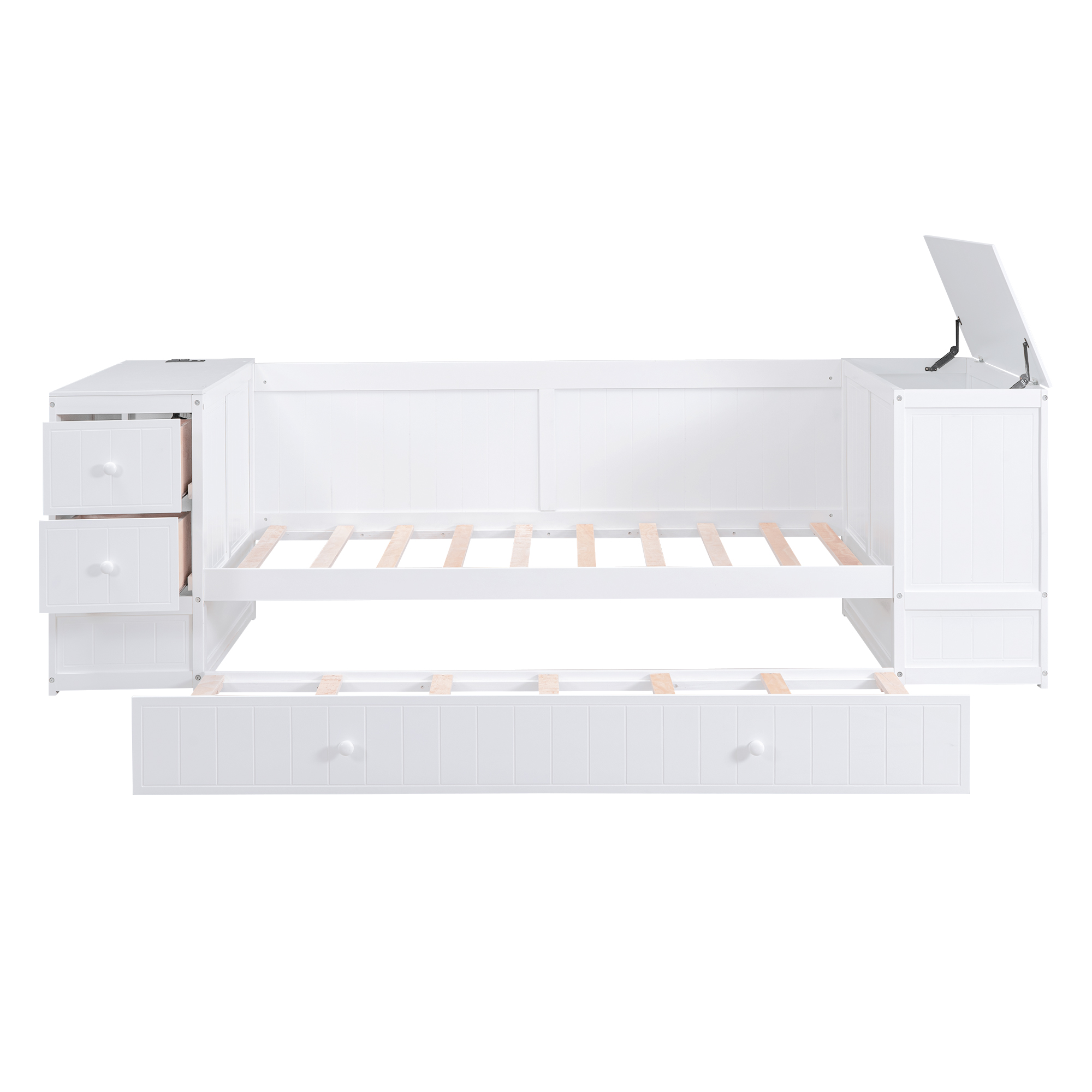 Twin Size Daybed with Storage Arms Trundle and Charging Station White - Image 2