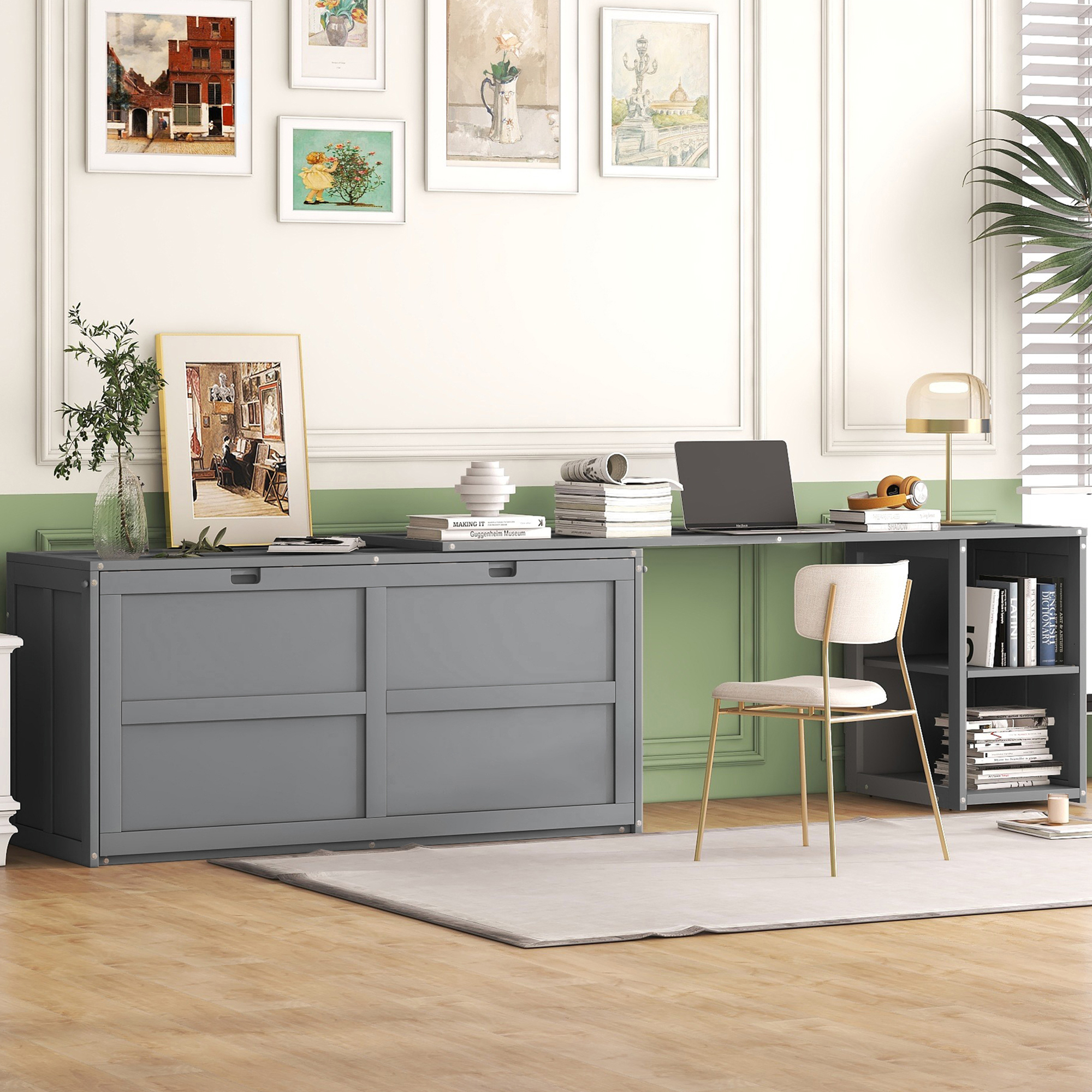 Queen Size Murphy Bed with Rotable Desk Gray - Image 3