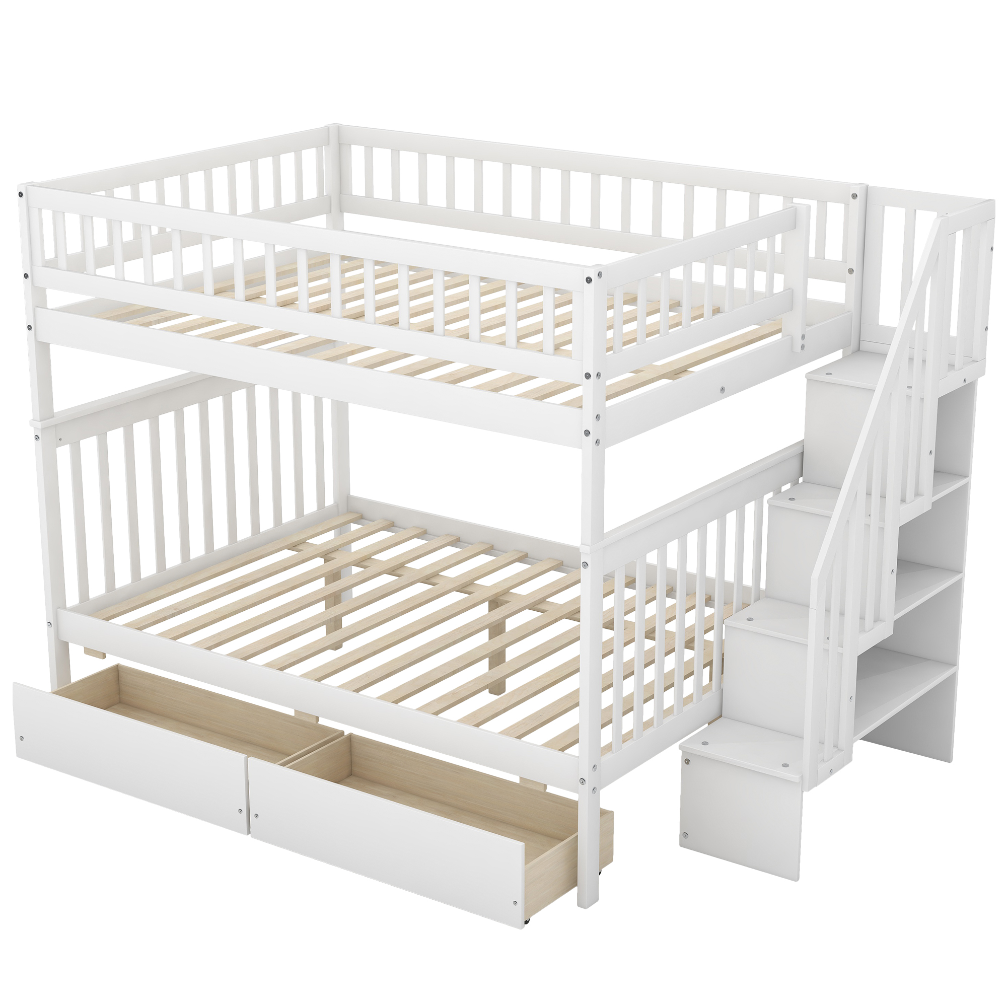 Full over Full Bunk Bed with Two Drawers and Storage White - Image 4