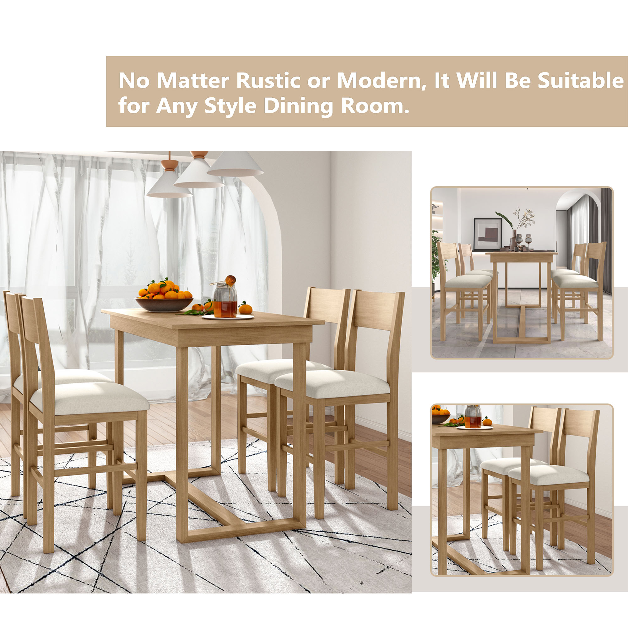 TOPMAX farmhouse countertop height 5-piece dining table set with 1 rectangular dining table and 4 brown dining chairs - Image 18