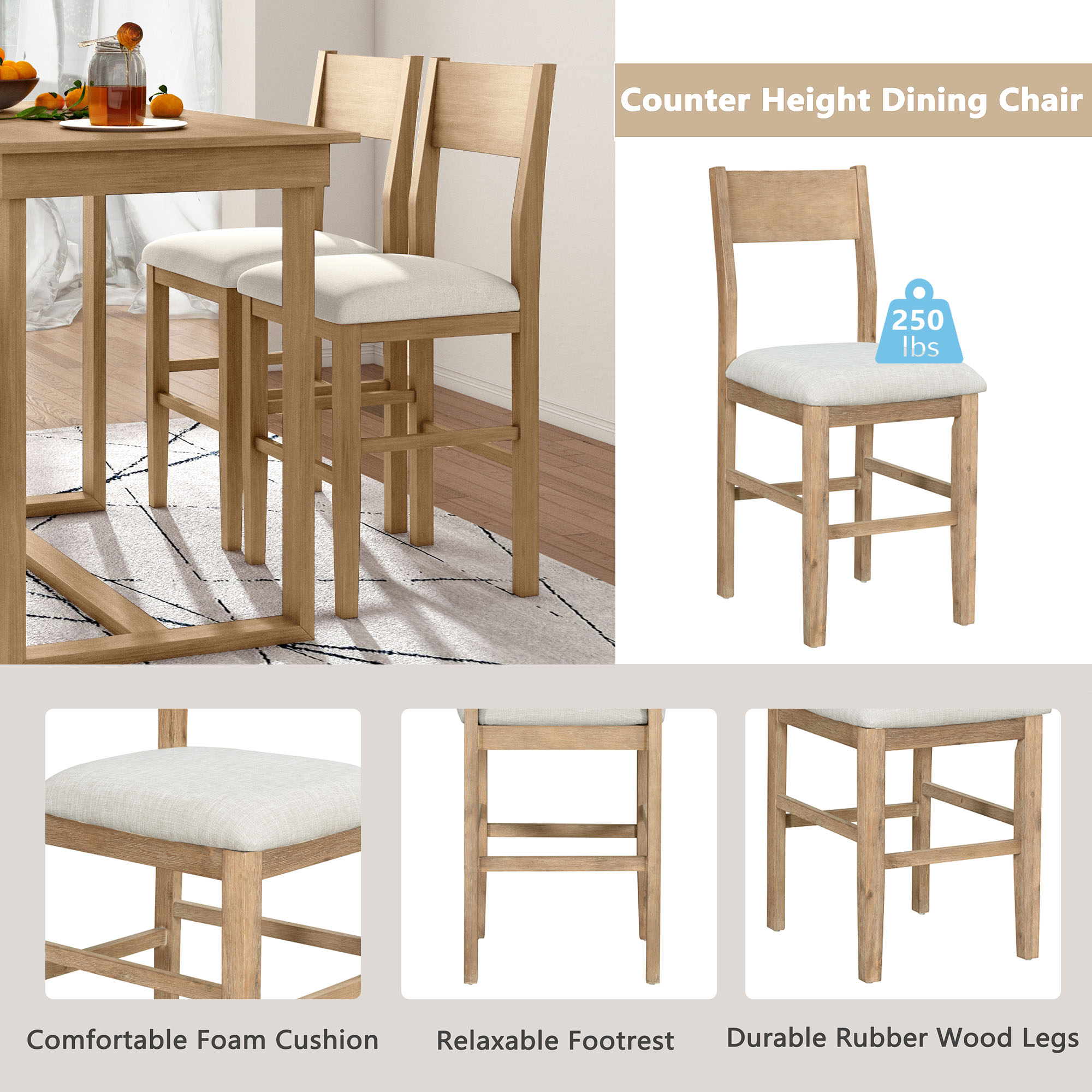 TOPMAX farmhouse countertop height 5-piece dining table set with 1 rectangular dining table and 4 brown dining chairs - Image 12