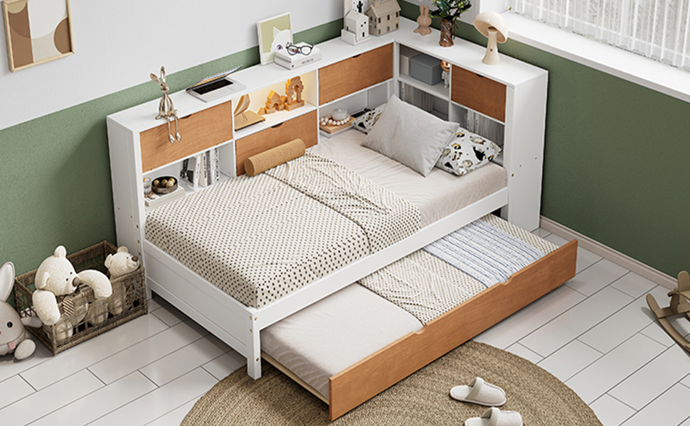 L-shaped bed frame with luggage and bookshelf, corner bed wooden captain's bed LED tube light and USB port walnut and white - Image 18
