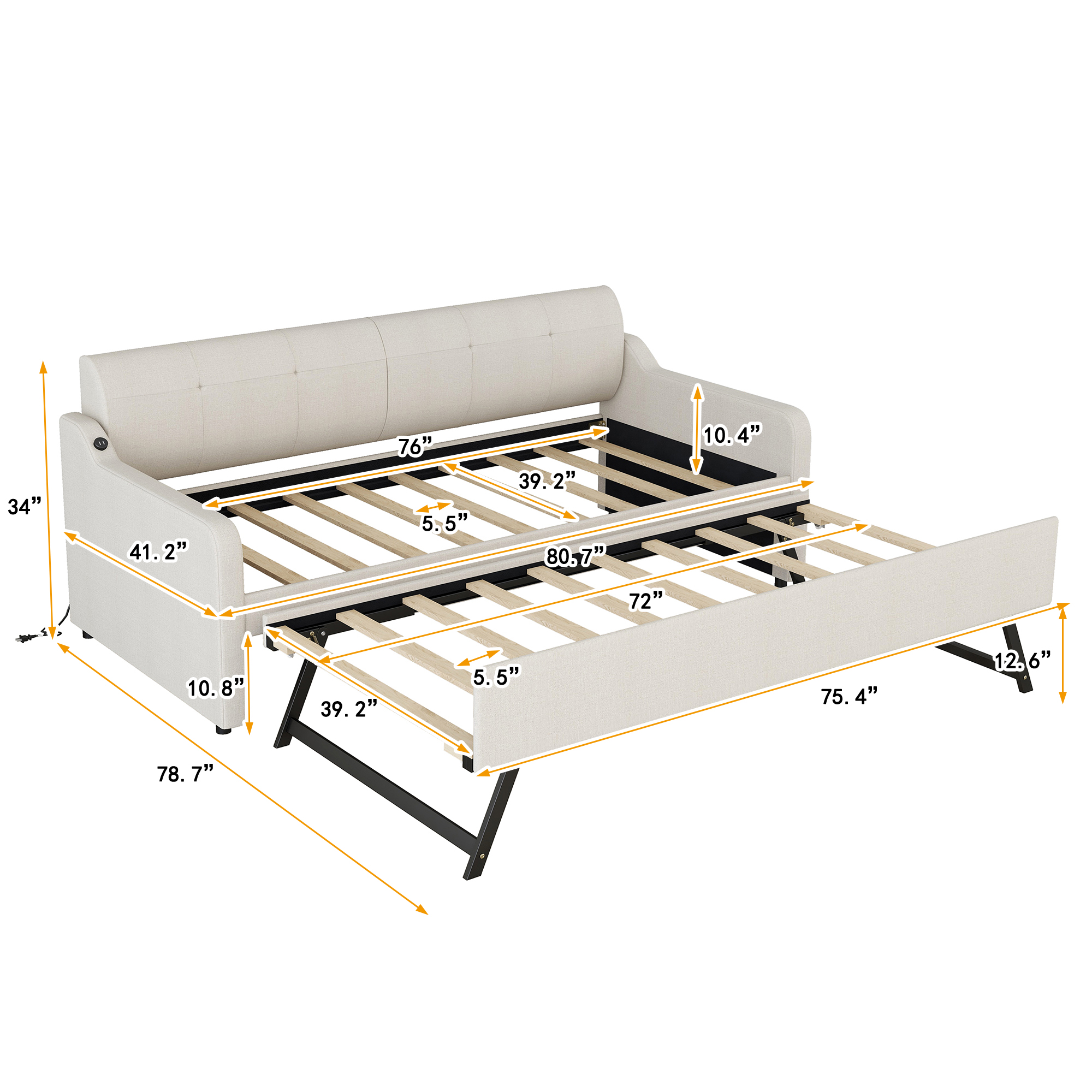 Twin Size Upholstery Daybed with Trundle and USB Charging Design Trundle can be flat or erected Beige - Image 7