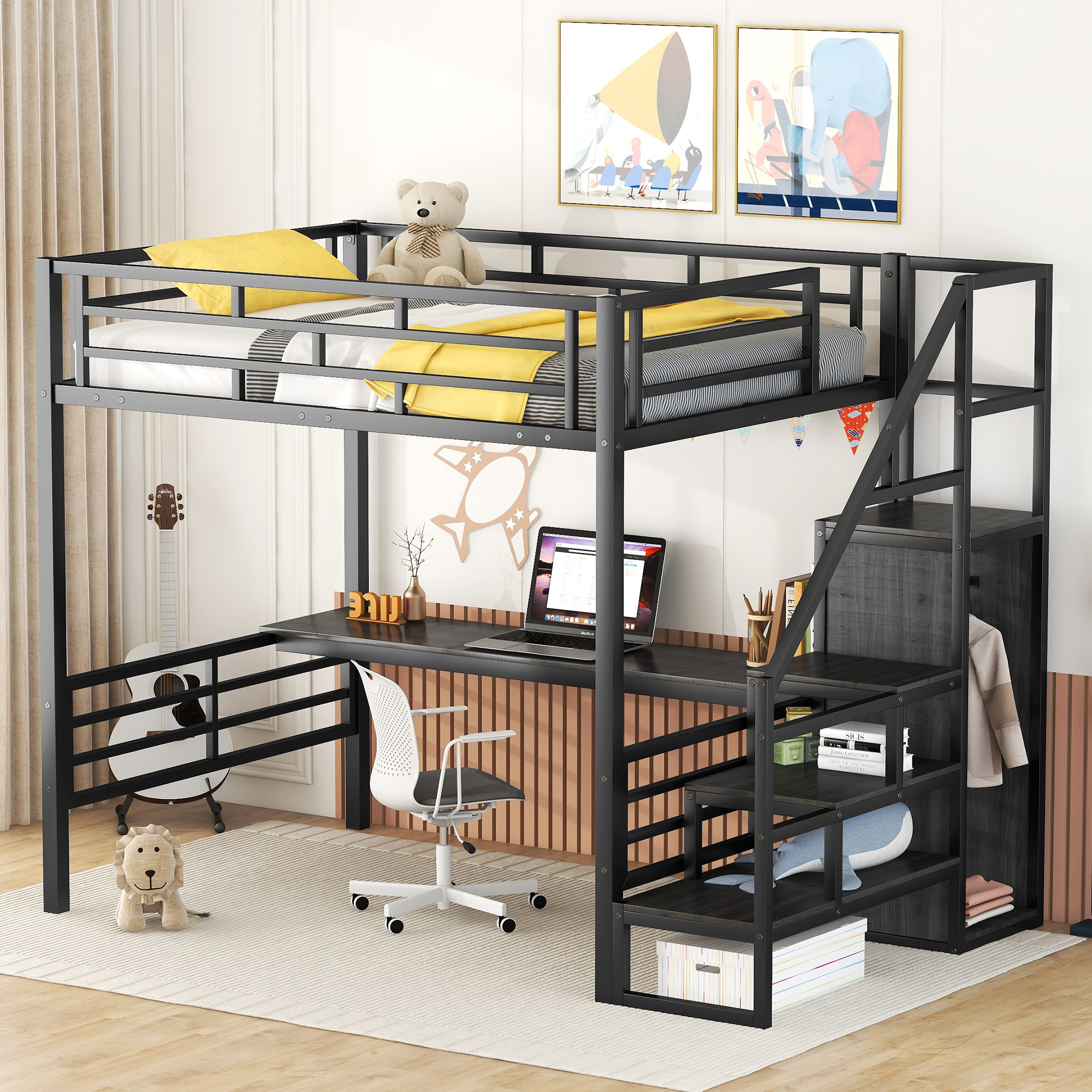 Full Size Metal Loft Bed with Desk, Storage Staircase and Small Wardrobe, Storage stairs can be installed left and right,Black - Image 8