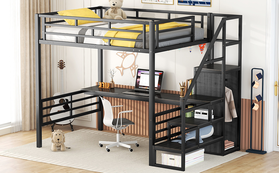 Full Size Metal Loft Bed with Desk, Storage Staircase and Small Wardrobe, Storage stairs can be installed left and right,Black - Image 16