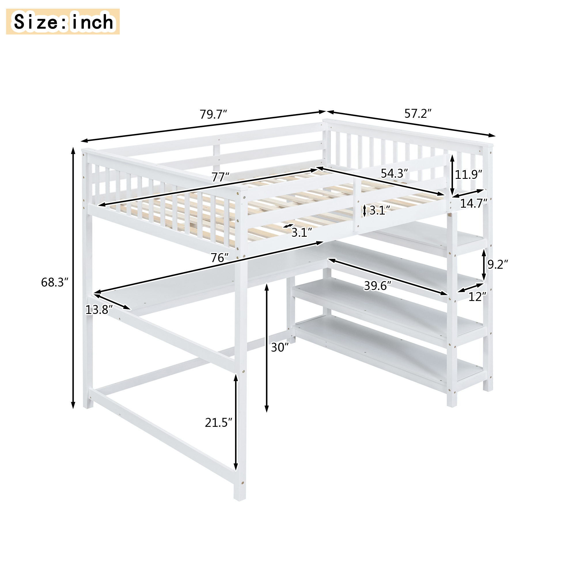 Full Size Loft Bed with Storage Shelves and Under-bed Desk White - Image 13