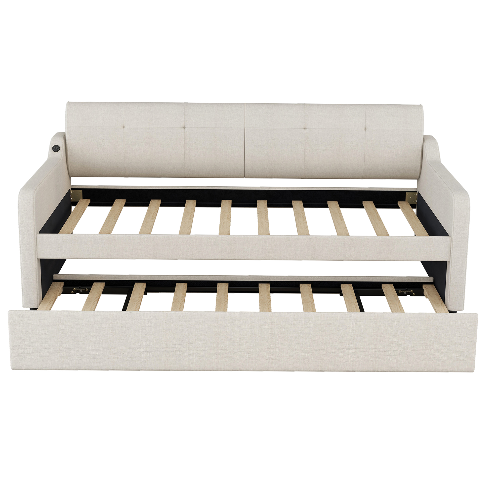 Twin Size Upholstery Daybed with Trundle and USB Charging Design Trundle can be flat or erected Beige - Image 15