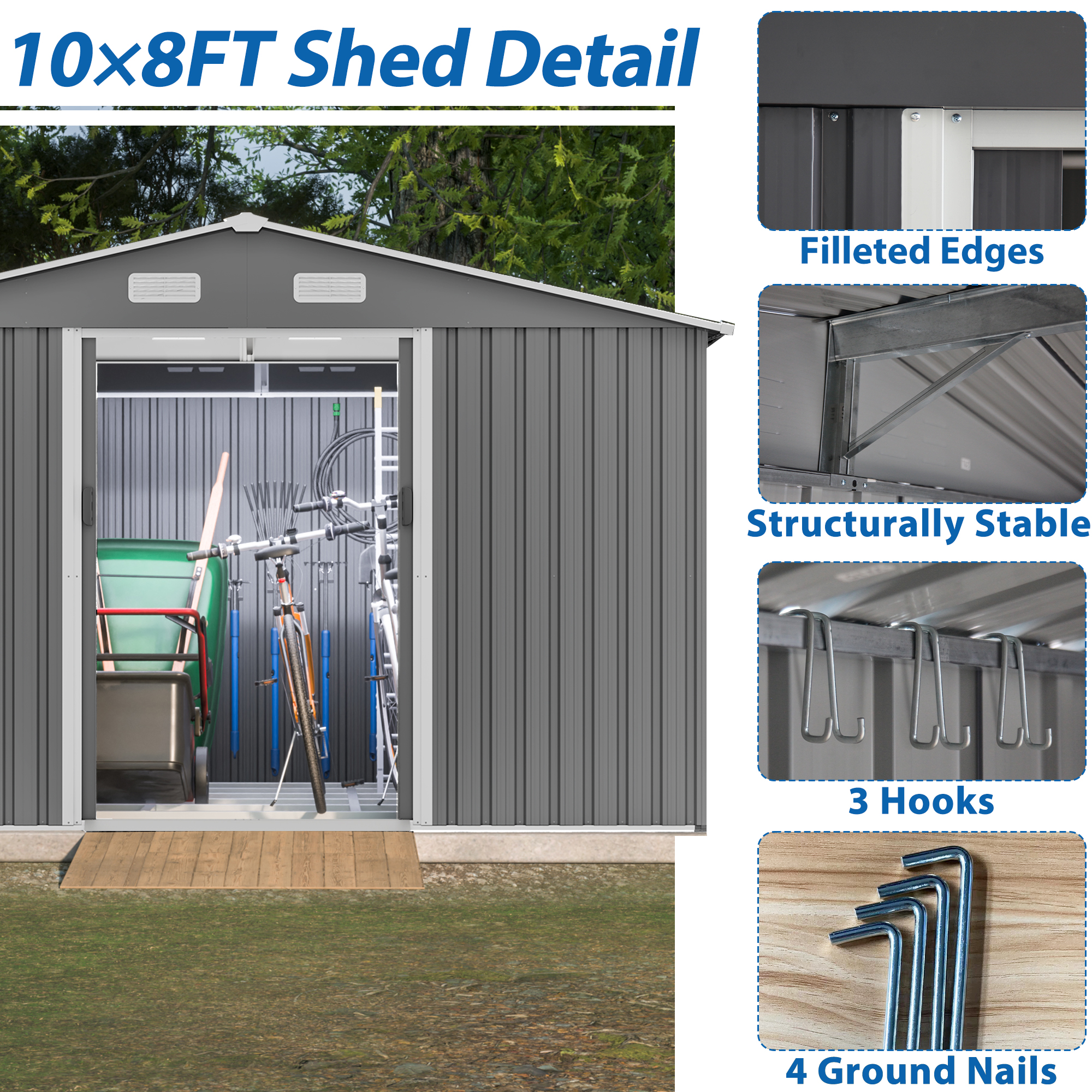 10X8 FT outdoor tool storage shed with metal foundation and lockable door, all-weather metal shed, gray - Image 4