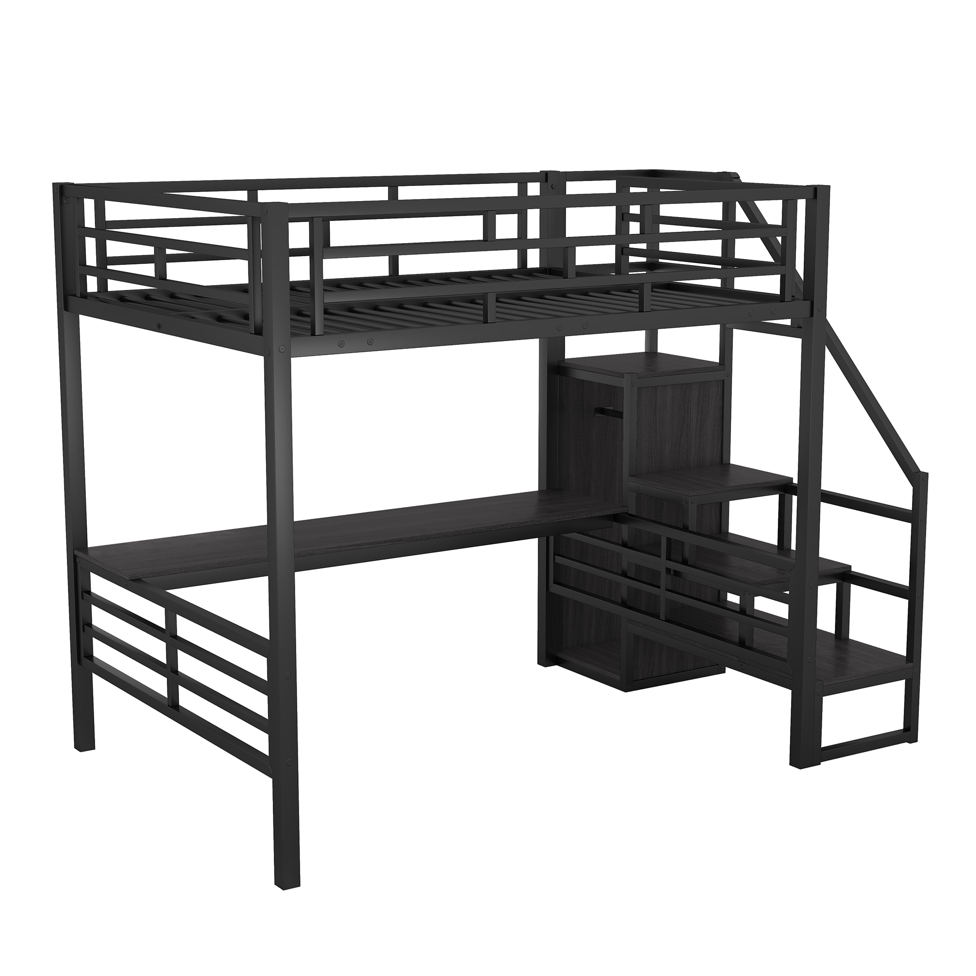 Full Size Metal Loft Bed with Desk, Storage Staircase and Small Wardrobe, Storage stairs can be installed left and right,Black - Image 17