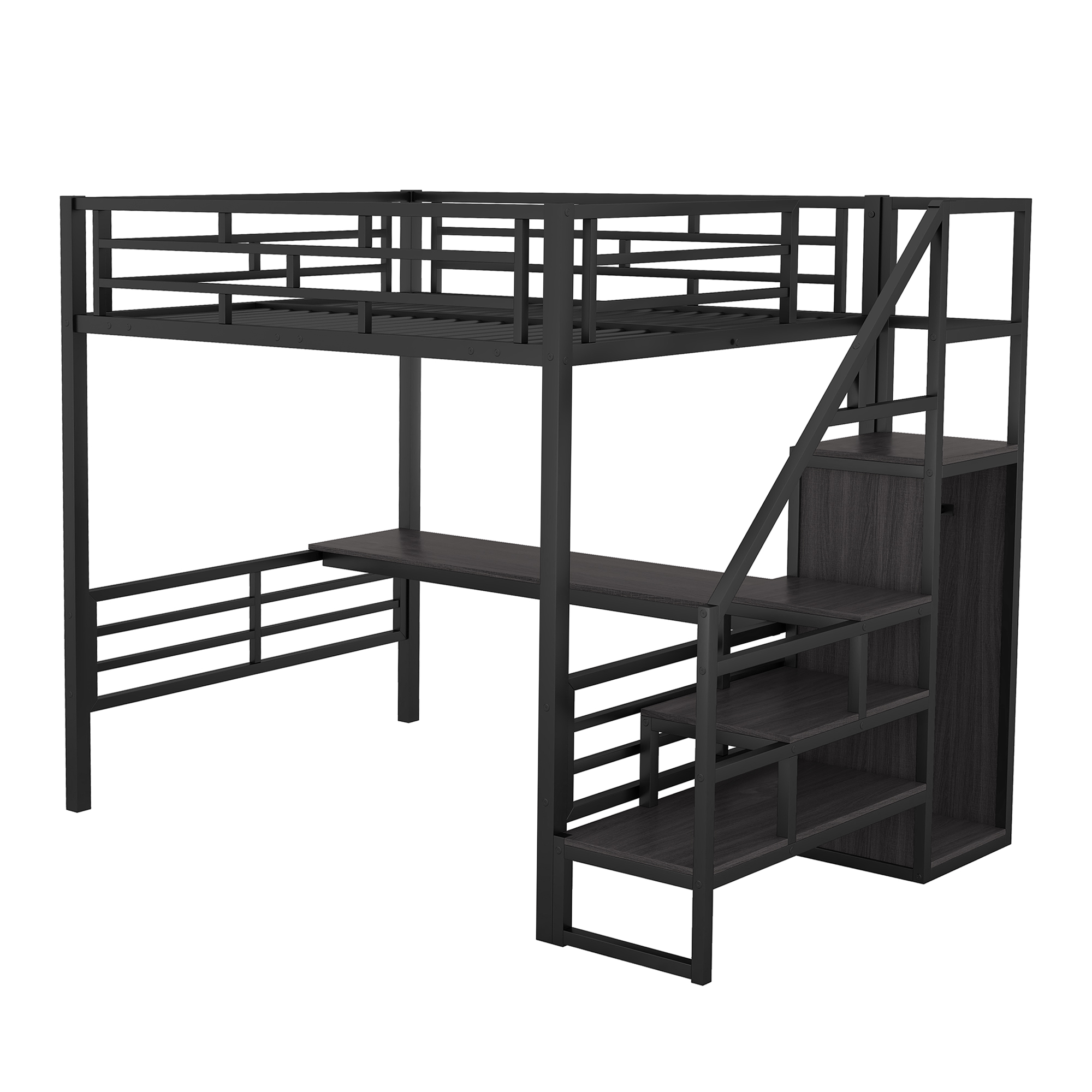 Full Size Metal Loft Bed with Desk, Storage Staircase and Small Wardrobe, Storage stairs can be installed left and right,Black - Image 4