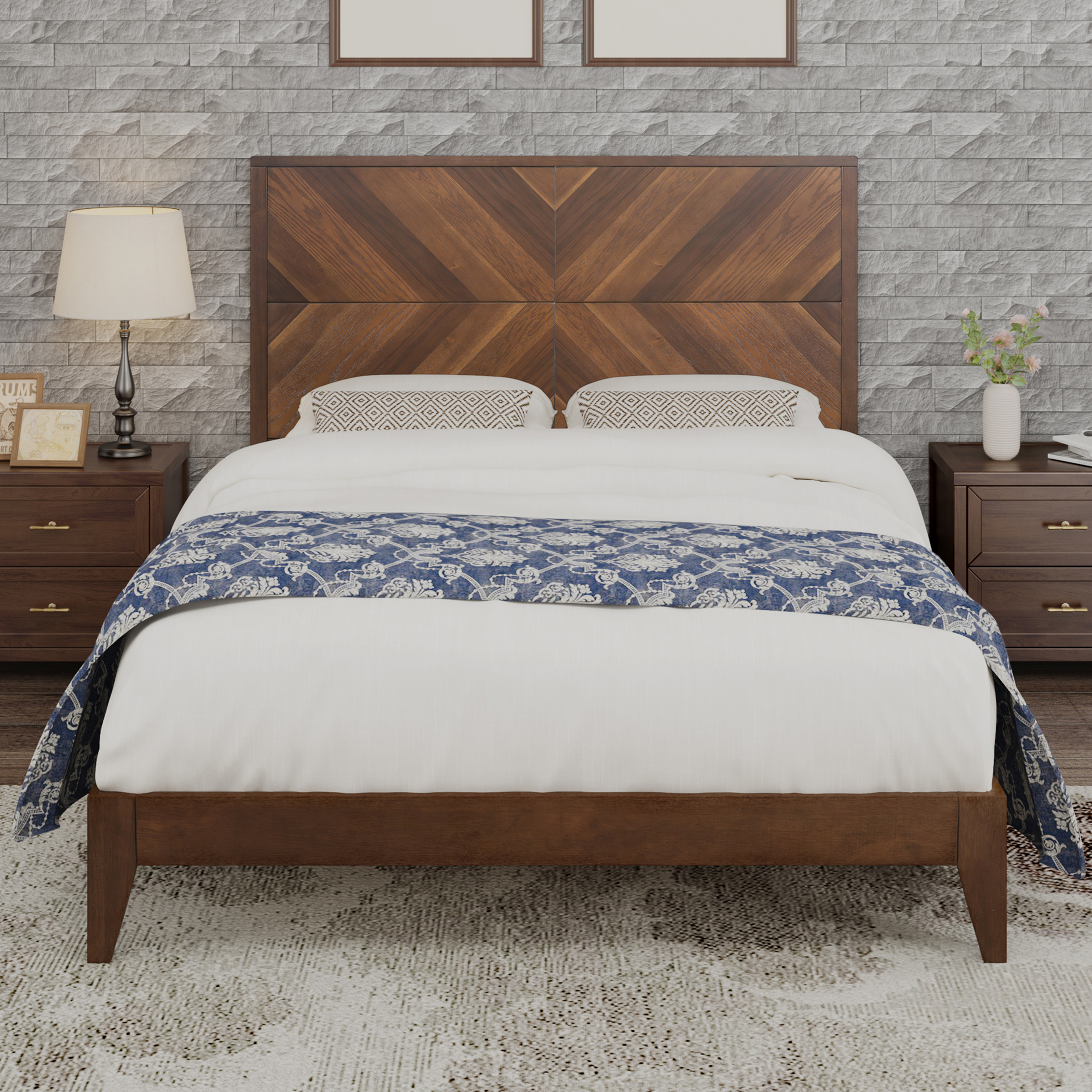 Mid-Century Modern Platform Bed Wood Slat Support with No Box Spring Needed,King Walnut - Image 19