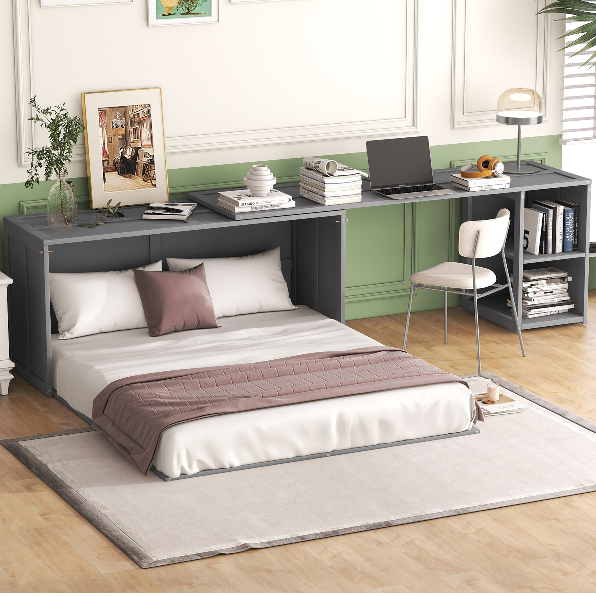Queen Size Murphy Bed with Rotable Desk Gray - Image 2