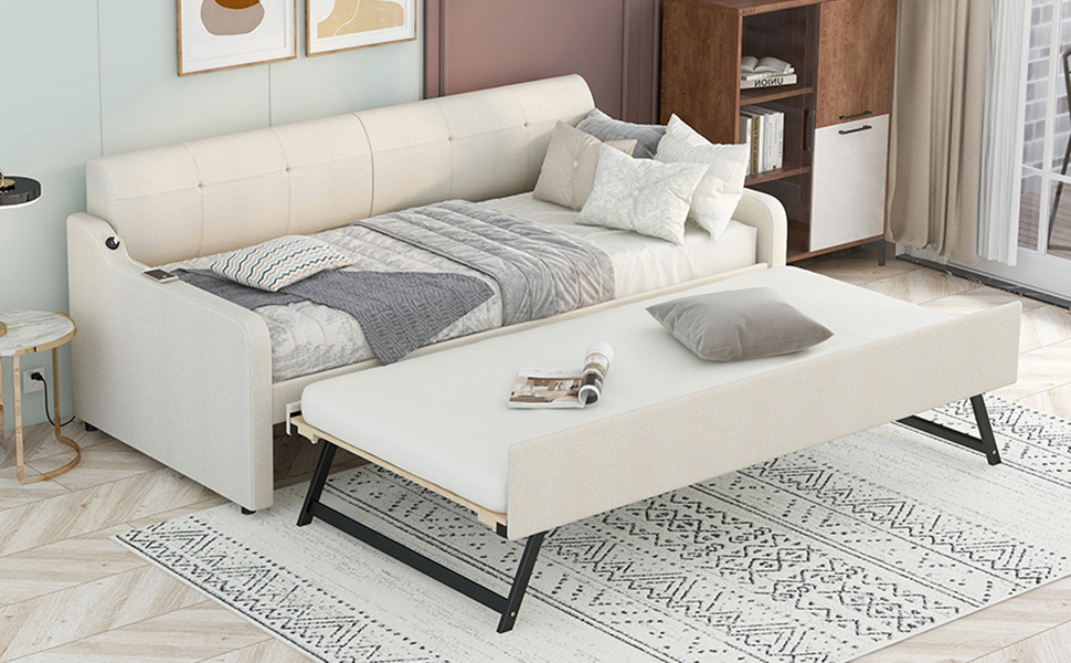 Twin Size Upholstery Daybed with Trundle and USB Charging Design Trundle can be flat or erected Beige - Image 11