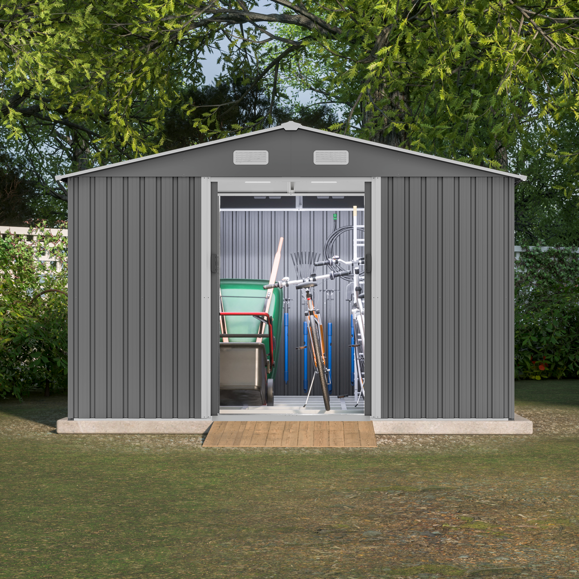 10X8 FT outdoor tool storage shed with metal foundation and lockable door, all-weather metal shed, gray - Image 10